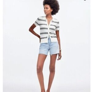 Madewell Striped Sweater Polo Top‎ Button Up Short Sleeve Knit Cream Black XXS